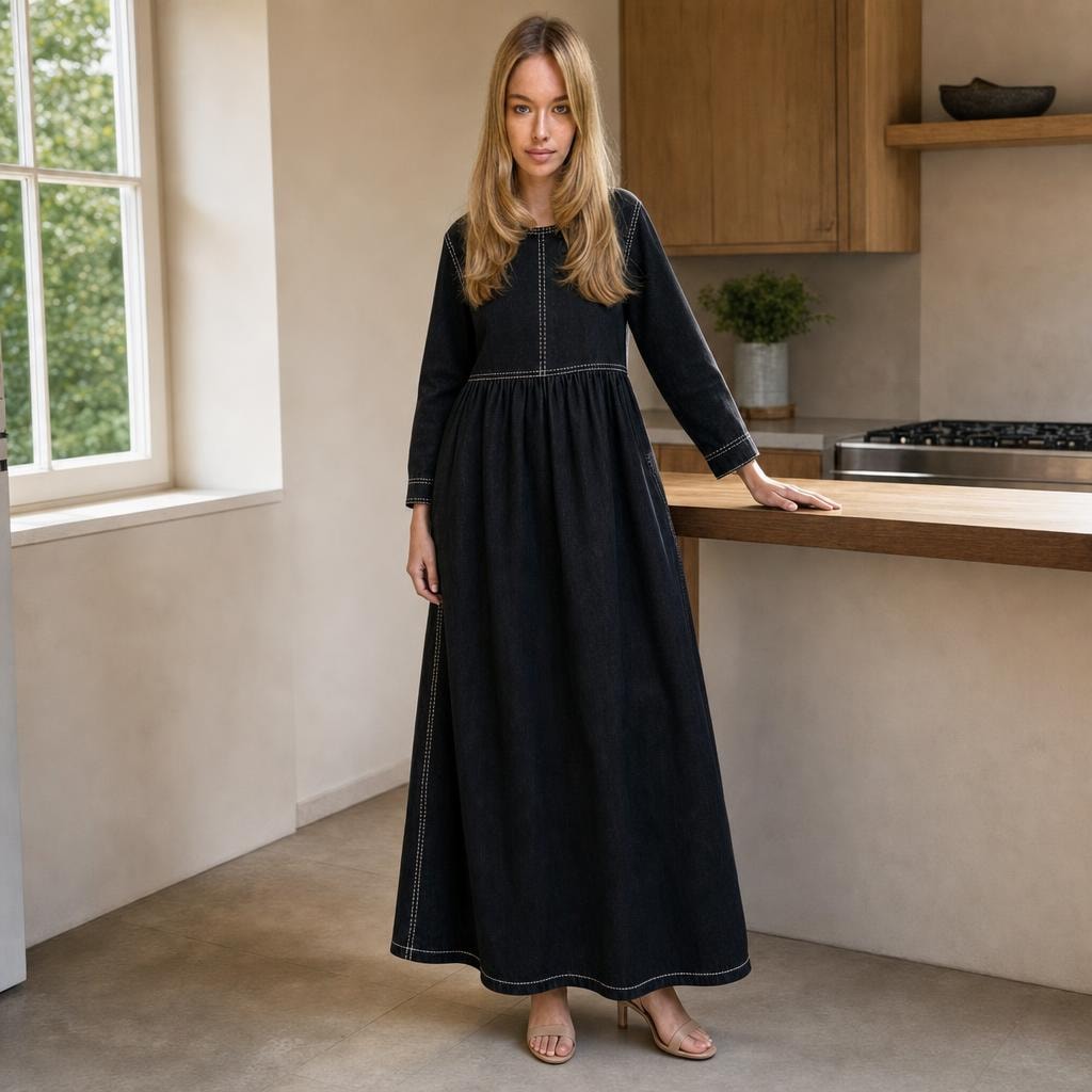 Women's Long Sleeve Denim Dress in Black, front view