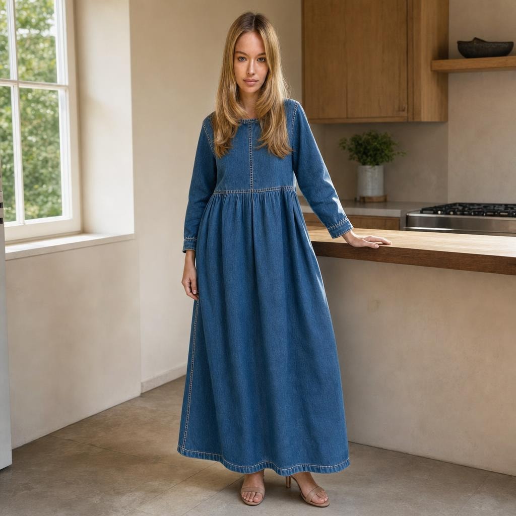 Women's Long Sleeve Denim Dress in Blue, front view