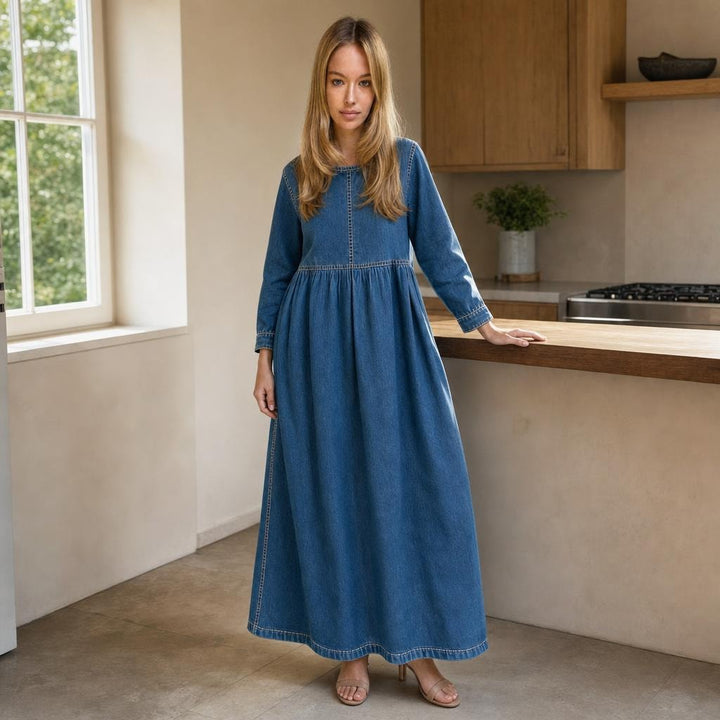 Women's Long Sleeve Denim Dress in Blue, front view