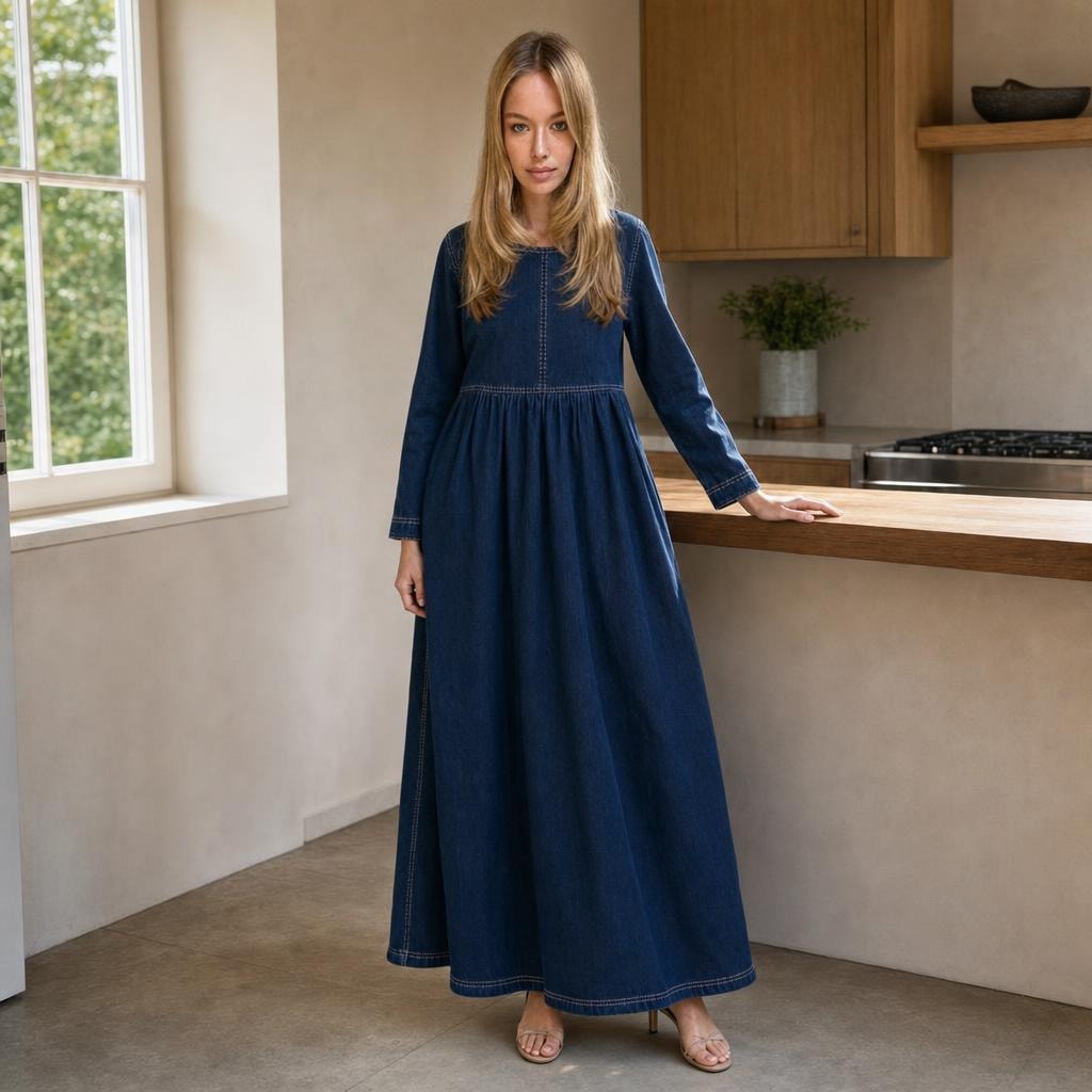 Women's Long Sleeve Denim Dress in Navy, front view