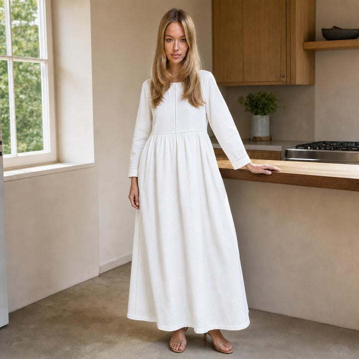 Women's Long Sleeve Denim Dress in White, front view
