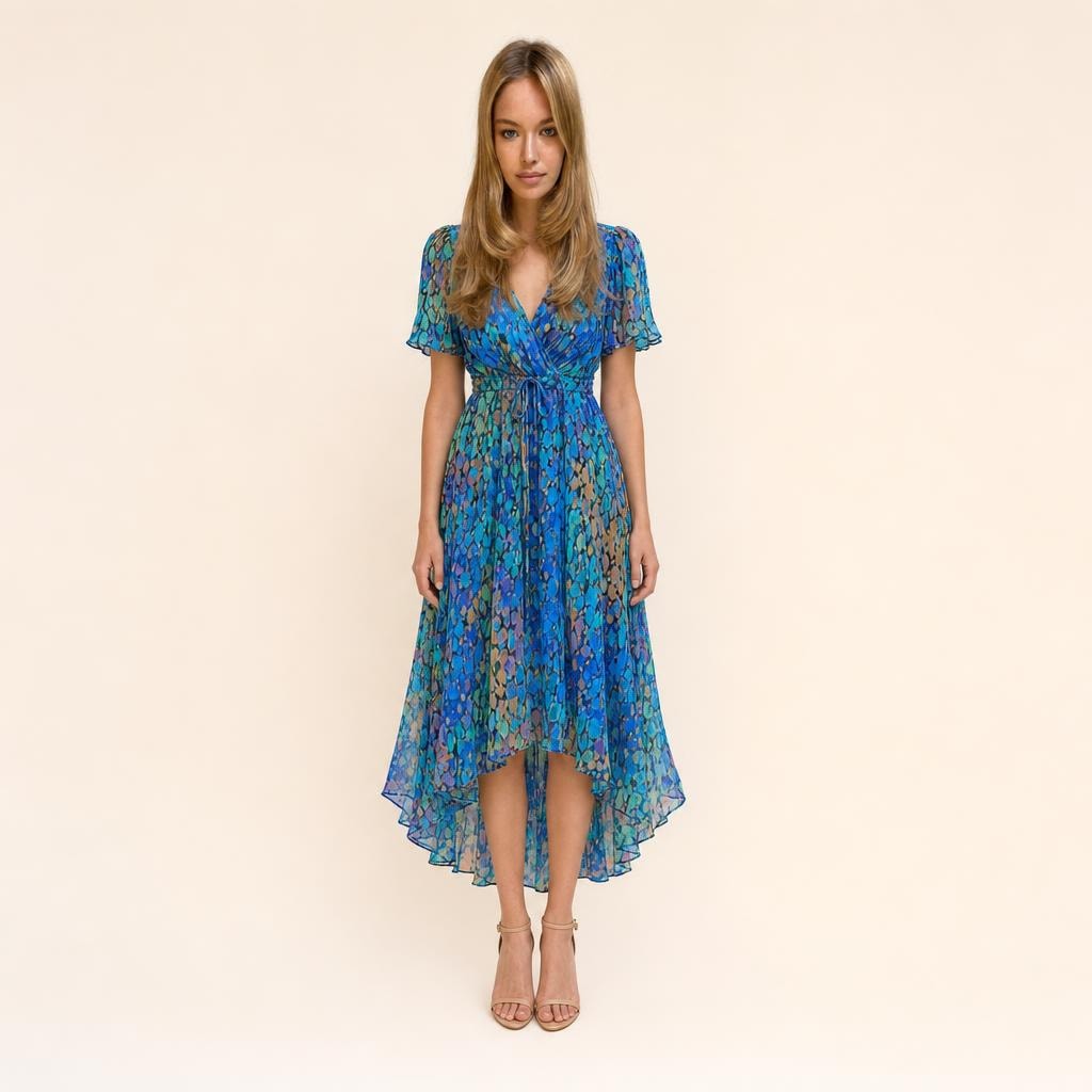 Women's Short Sleeve Printed Midi Dress in Blue, front view