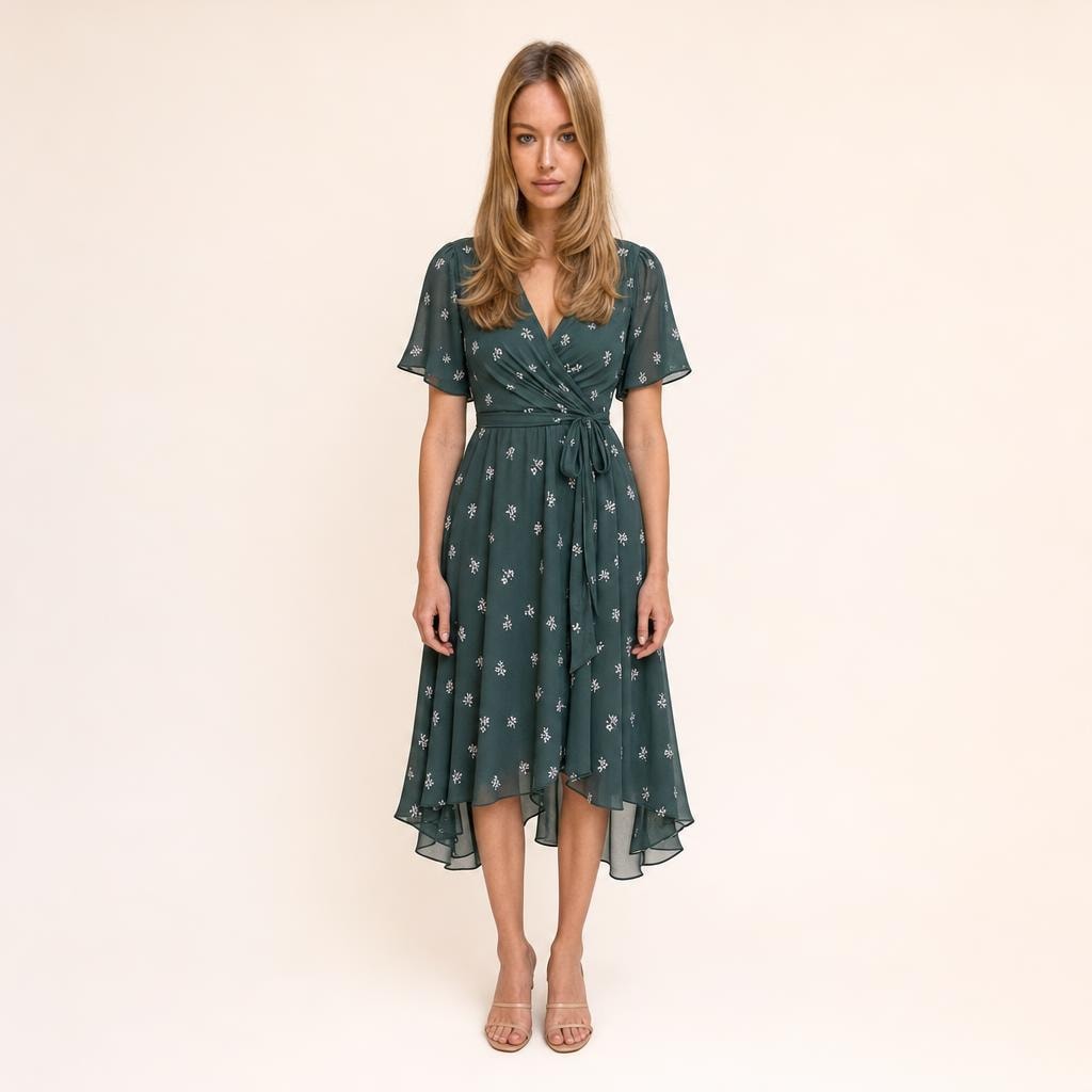 Women's Short Sleeve Printed Midi Dress in Green, front view