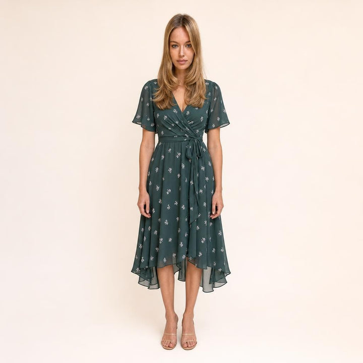 Women's Short Sleeve Printed Midi Dress in Green, front view