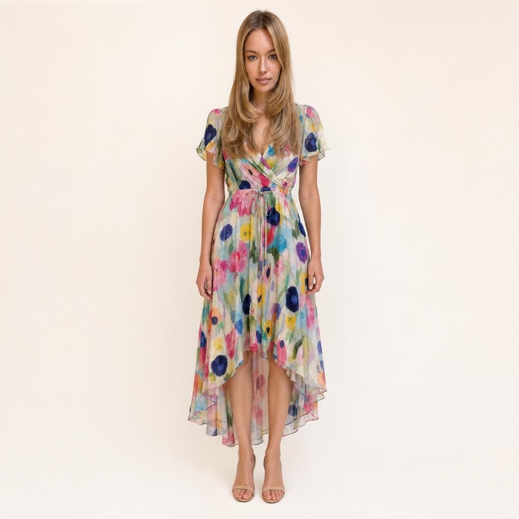Women's Short Sleeve Printed Midi Dress in Multicolor, front view