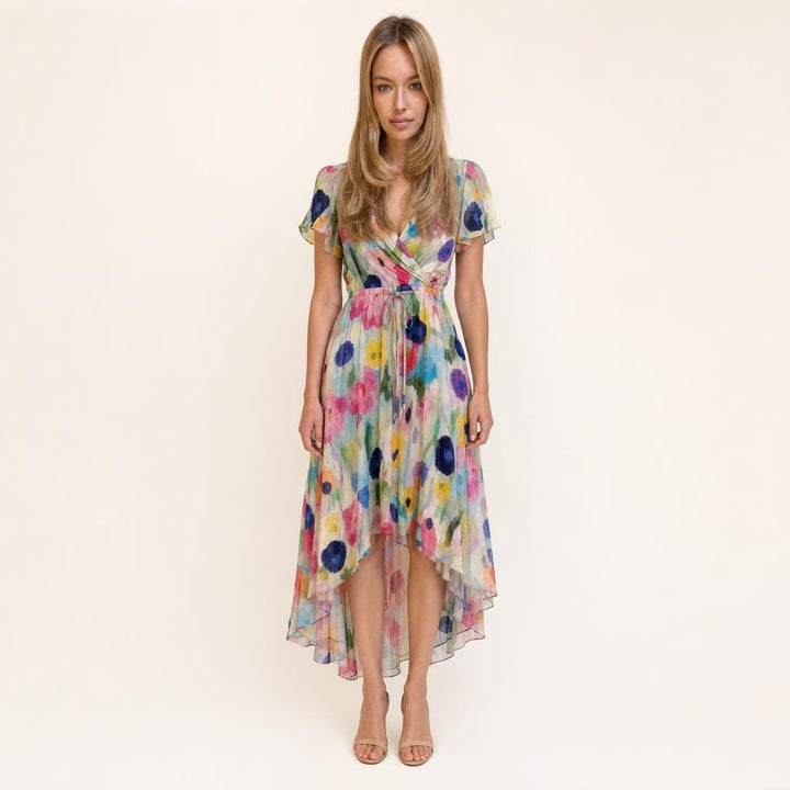 Women's Short Sleeve Printed Midi Dress in Multicolor, front view