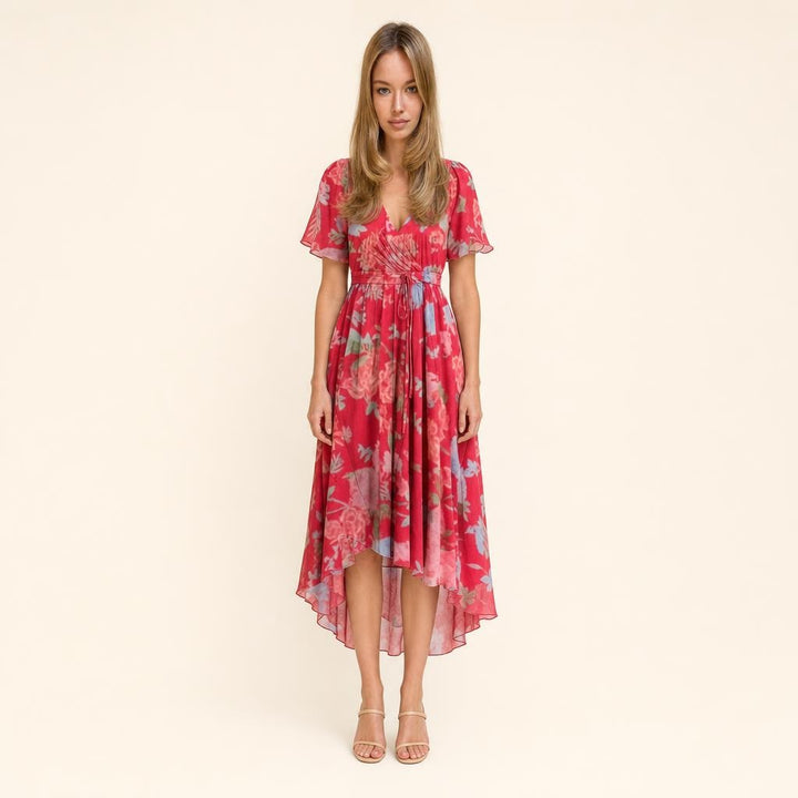 Women's Short Sleeve Printed Midi Dress in Red, front view
