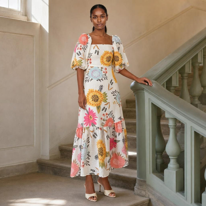 Women's Puff Sleeve Tiered Midi Floral Dress in Multicolor, front view