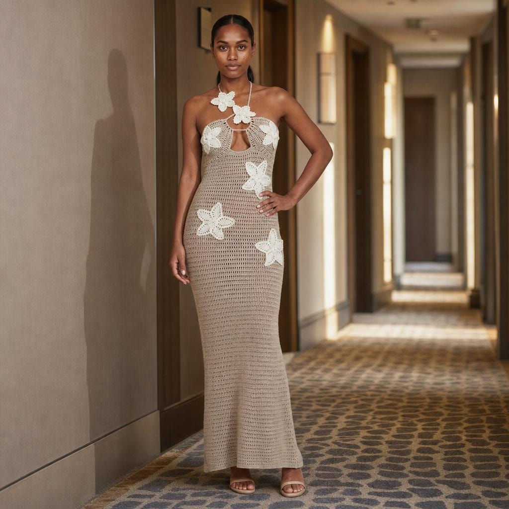 Women's Halter Neck Maxi Dress in Beige, front view
