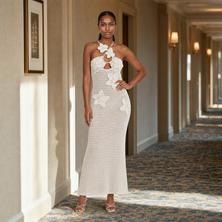 Women's Halter Neck Maxi Dress in White, front view