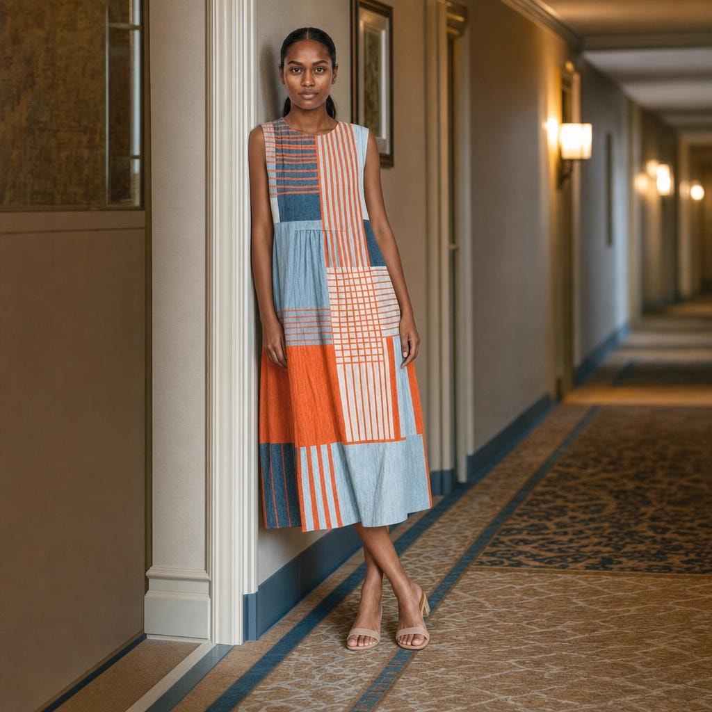 Women's Geometric Print Midi Dress in Orange, front view