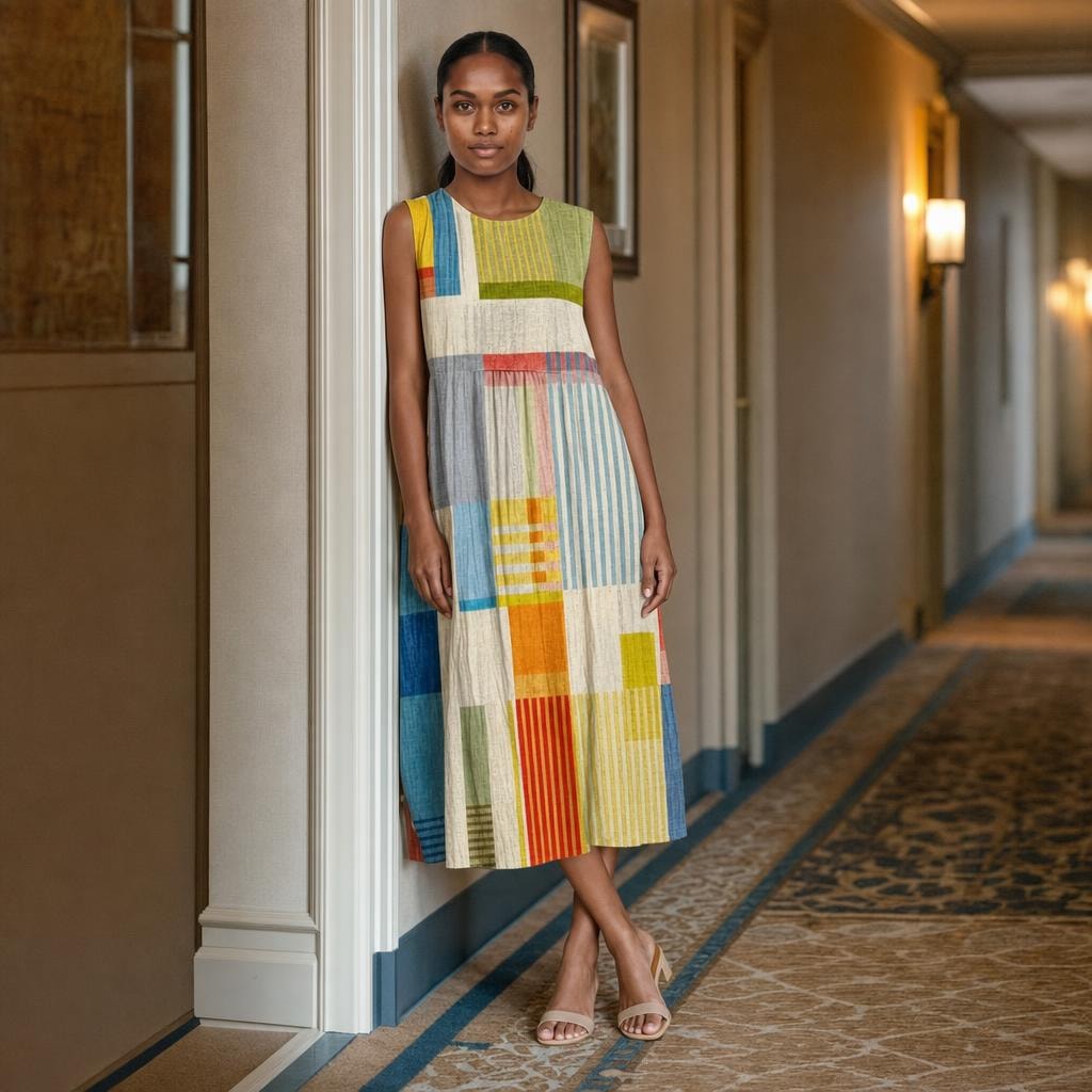 Women's Geometric Print Midi Dress in Yellow, front view