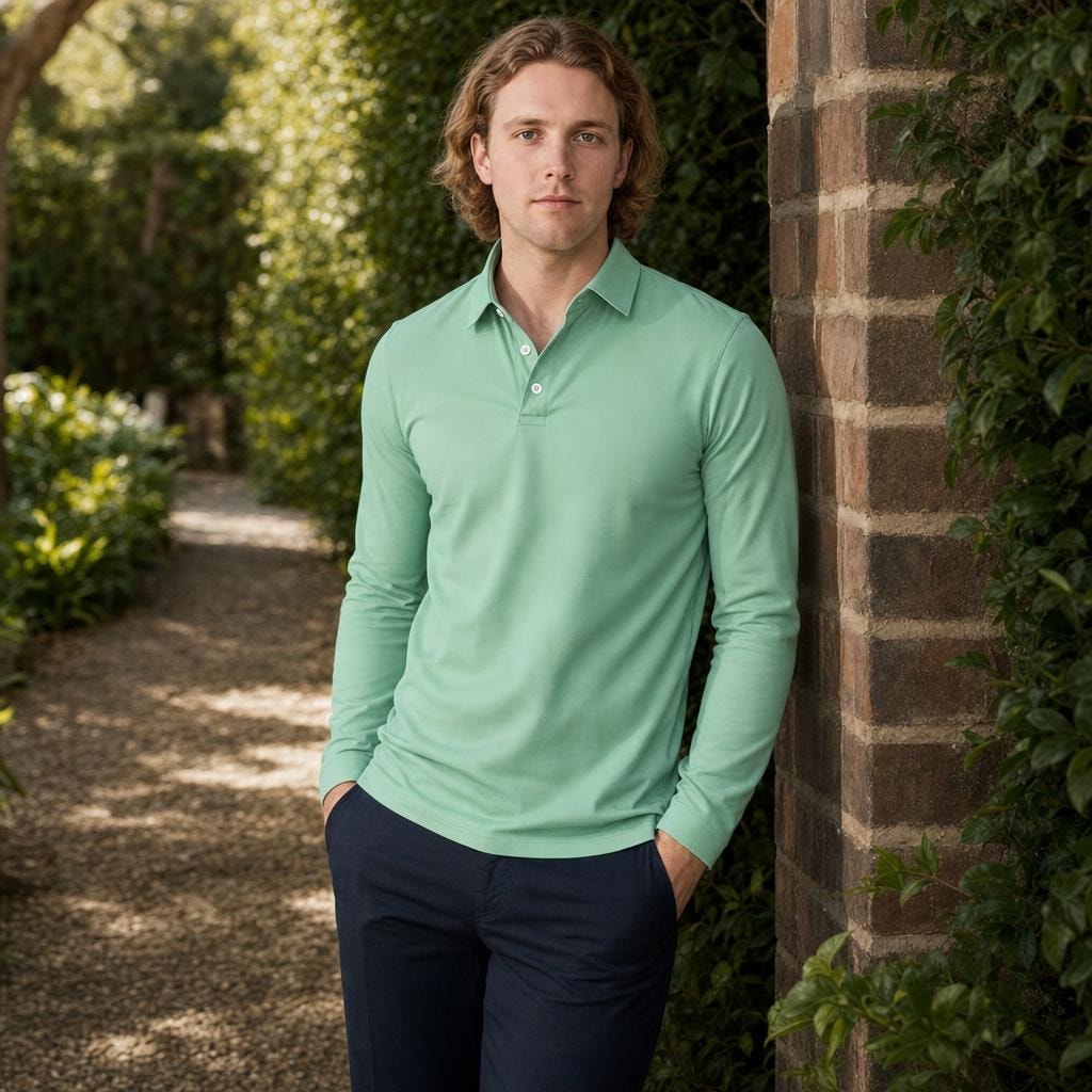 Men's Long Sleeve Collar Polo Shirt in Green, front view
