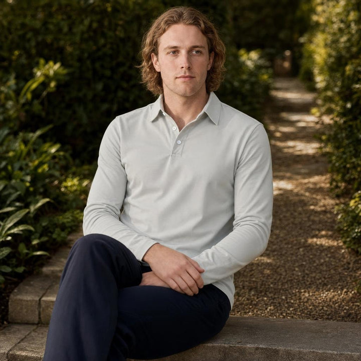 Men's Long Sleeve Collar Polo Shirt in Grey, front view