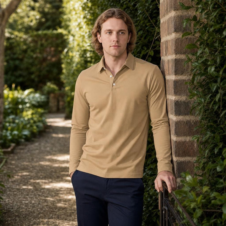Men's Long Sleeve Collar Polo Shirt in Khaki, front view