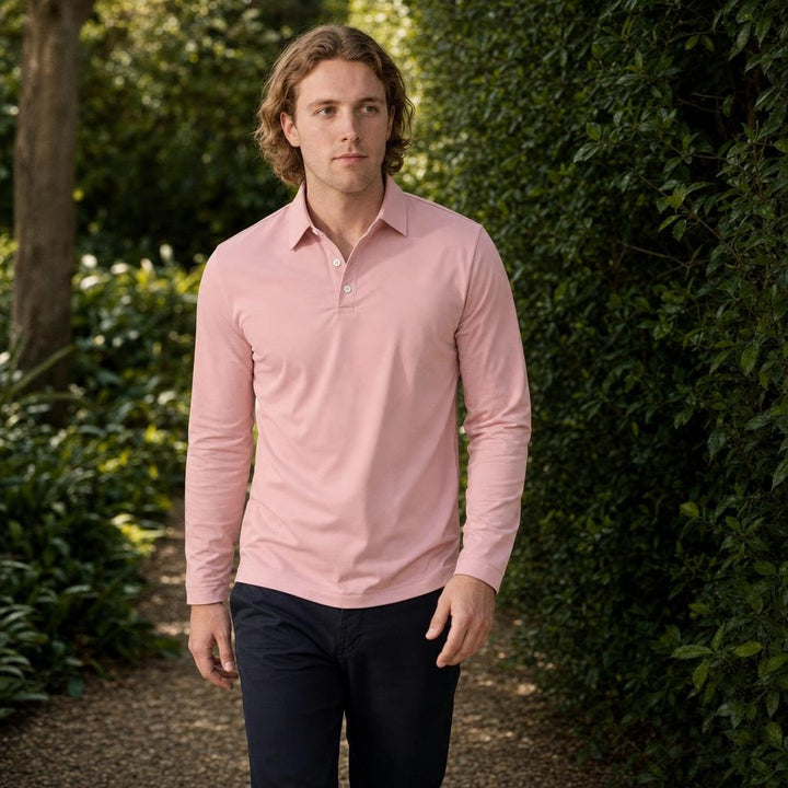 Men's Long Sleeve Collar Polo Shirt in Pink, front view