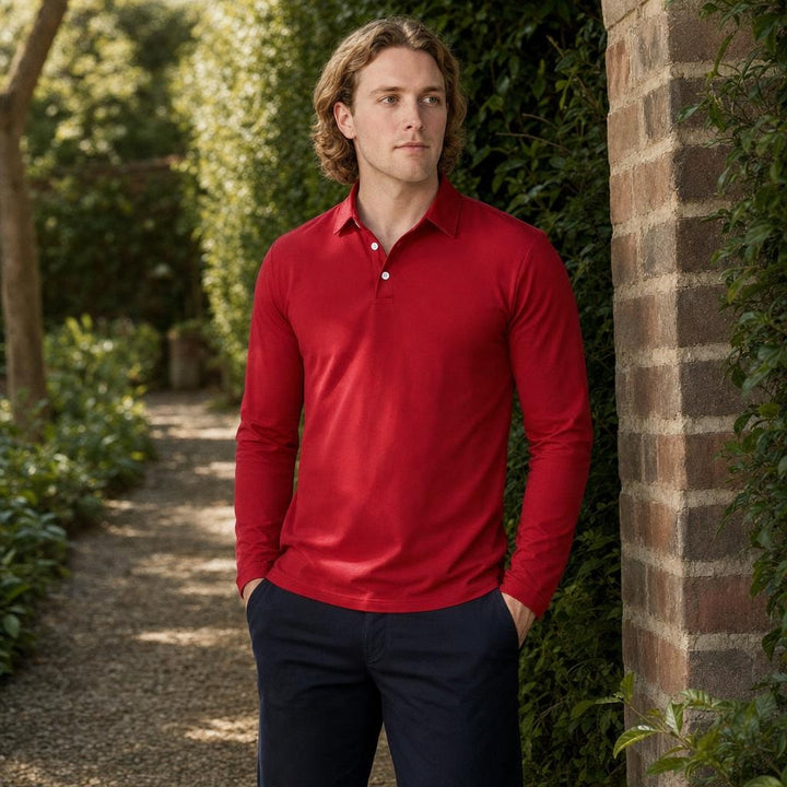 Men's Long Sleeve Collar Polo Shirt in Red, front view