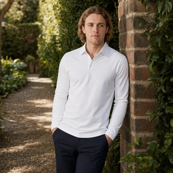 Men's Long Sleeve Collar Polo Shirt in White, front view