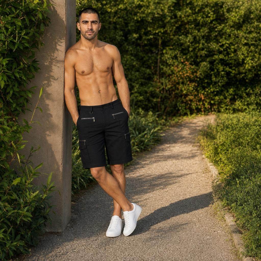 Men's Zip Pocket Cargo Shorts in Black, front view