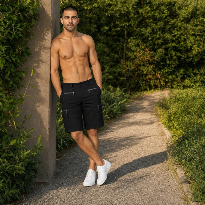 Men's Zip Pocket Cargo Shorts in Black, front view