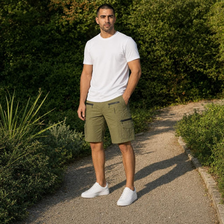 Men's Zip Pocket Cargo Shorts in Green, front view