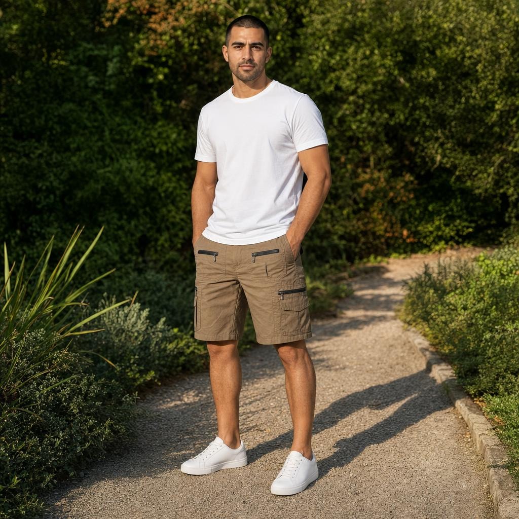 Men's Zip Pocket Cargo Shorts in Khaki, front view