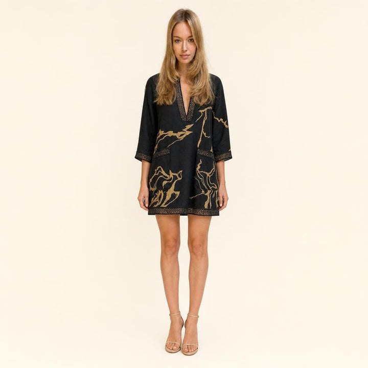 Women's V Neck Mini Dress in Black, front view