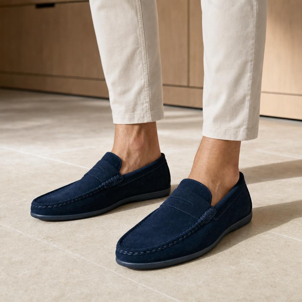 Men's Penny Slip On Loafer Shoes in Navy, front view