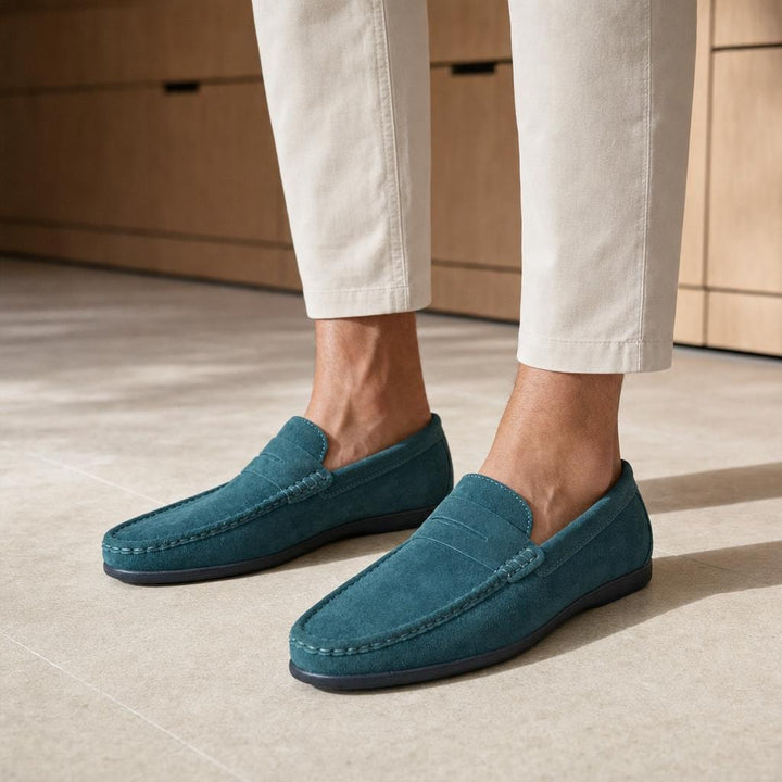 Men's Penny Slip On Loafer Shoes in Peacock Green, front view