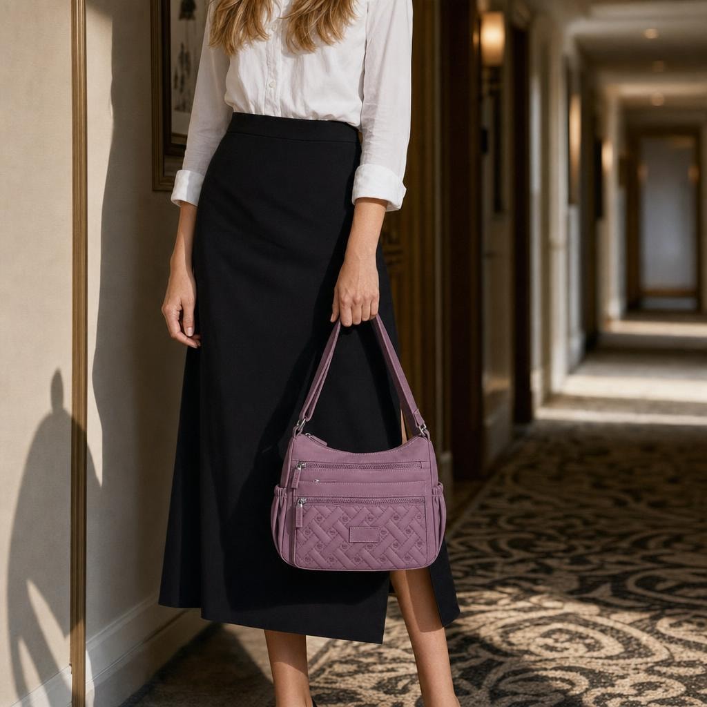 Women's Quilted Crossbody Bag in Purple, front view