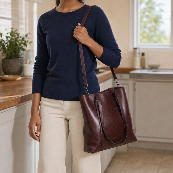 Women's Large Tote Crossbody Bag in Dark brown, front view