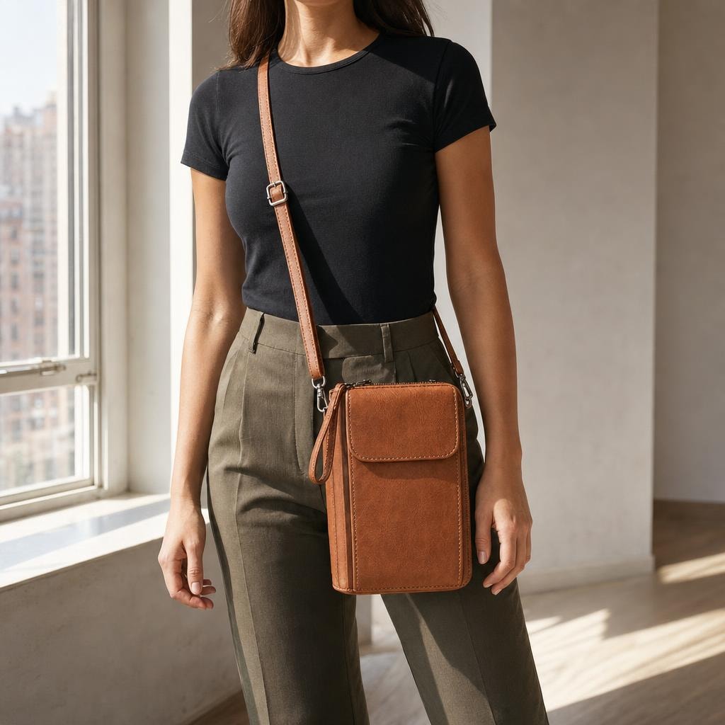 Women's Long Sling Bag in Brown, front view