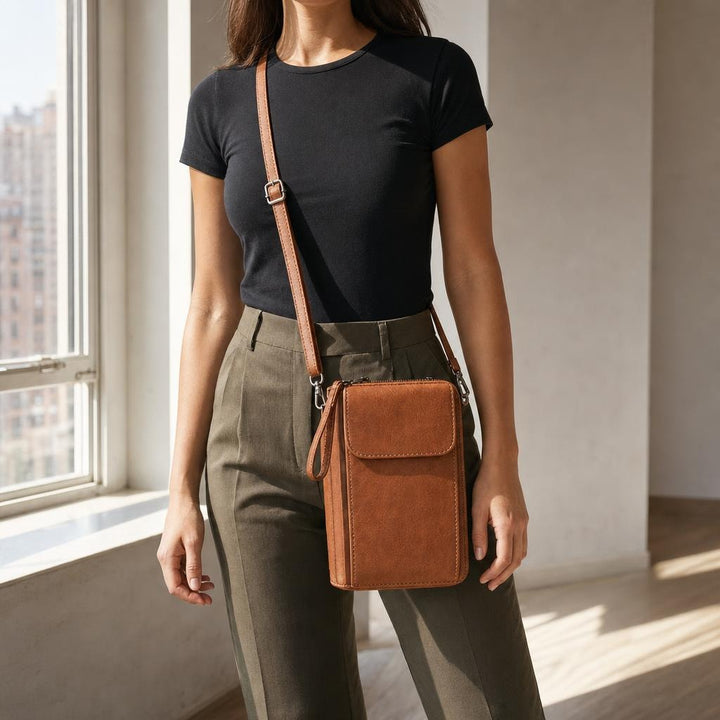 Women's Long Sling Bag in Brown, front view
