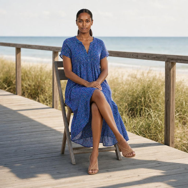 Women's Boho Summer Floral Dress in Blue, front view