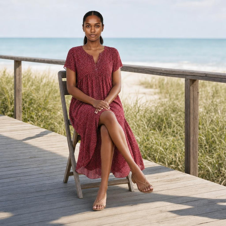 Women's Boho Summer Floral Dress in Red, front view