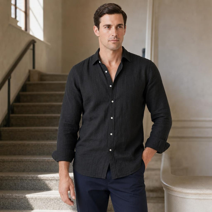 Men's Casual Long Sleeve Shirt in Black, front view