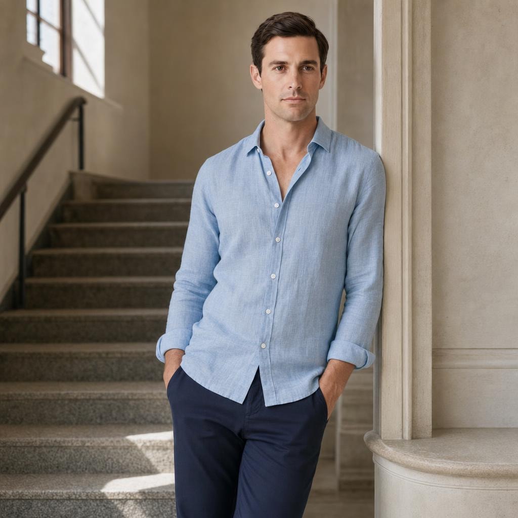 Men's Casual Long Sleeve Shirt in Blue, front view