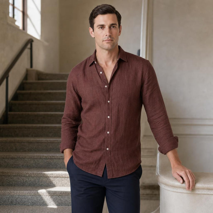 Men's Casual Long Sleeve Shirt in Brown, front view