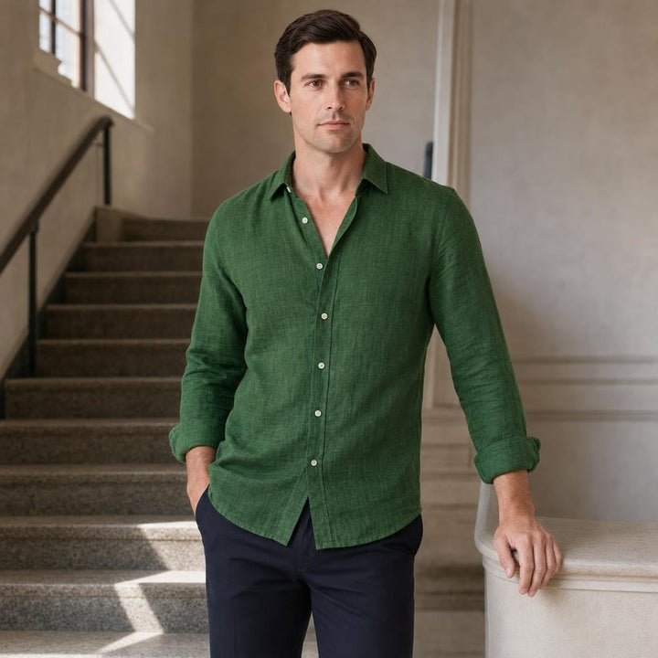 Men's Casual Long Sleeve Shirt in Green, front view