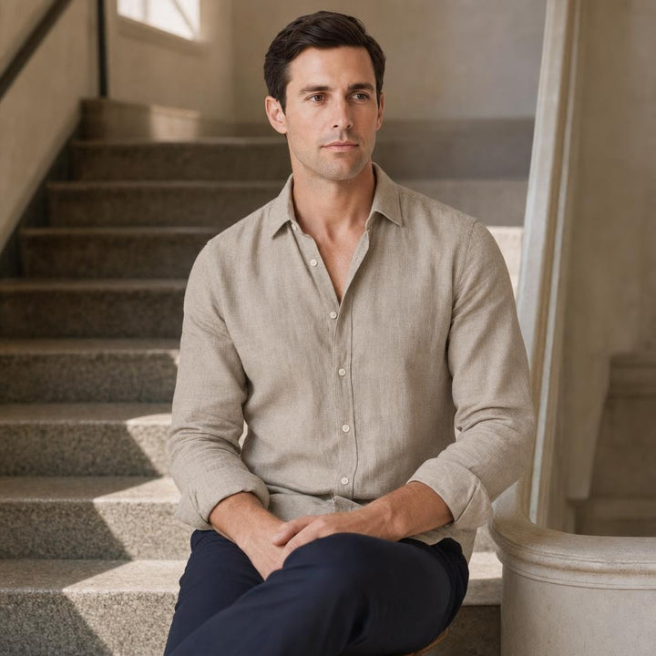 Men's Casual Long Sleeve Shirt in Khaki, front view