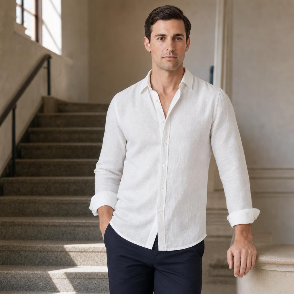 Men's Casual Long Sleeve Shirt in White, front view