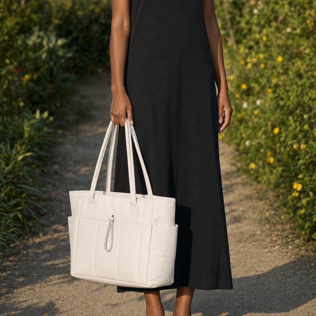 Women's Nylon Laptop Tote Bag in White, front view
