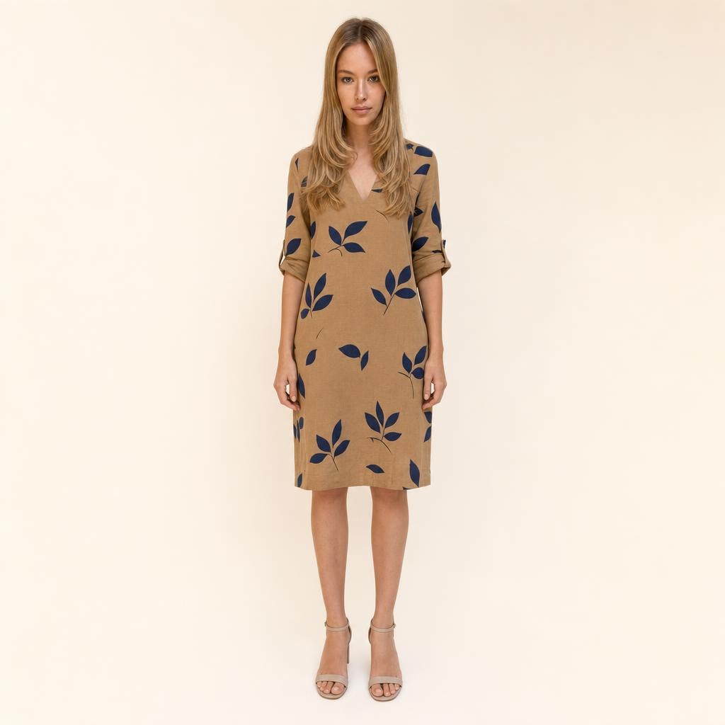 Women's Three Quarter Sleeve V Neck Dress in Brown, front view