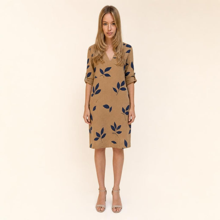 Women's Three Quarter Sleeve V Neck Dress in Brown, front view