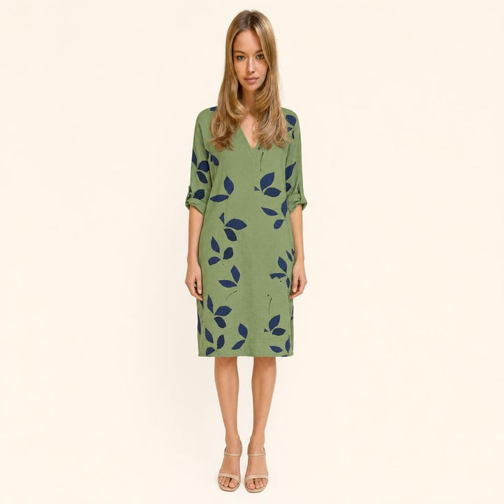 Women's Three Quarter Sleeve V Neck Dress in Green, front view