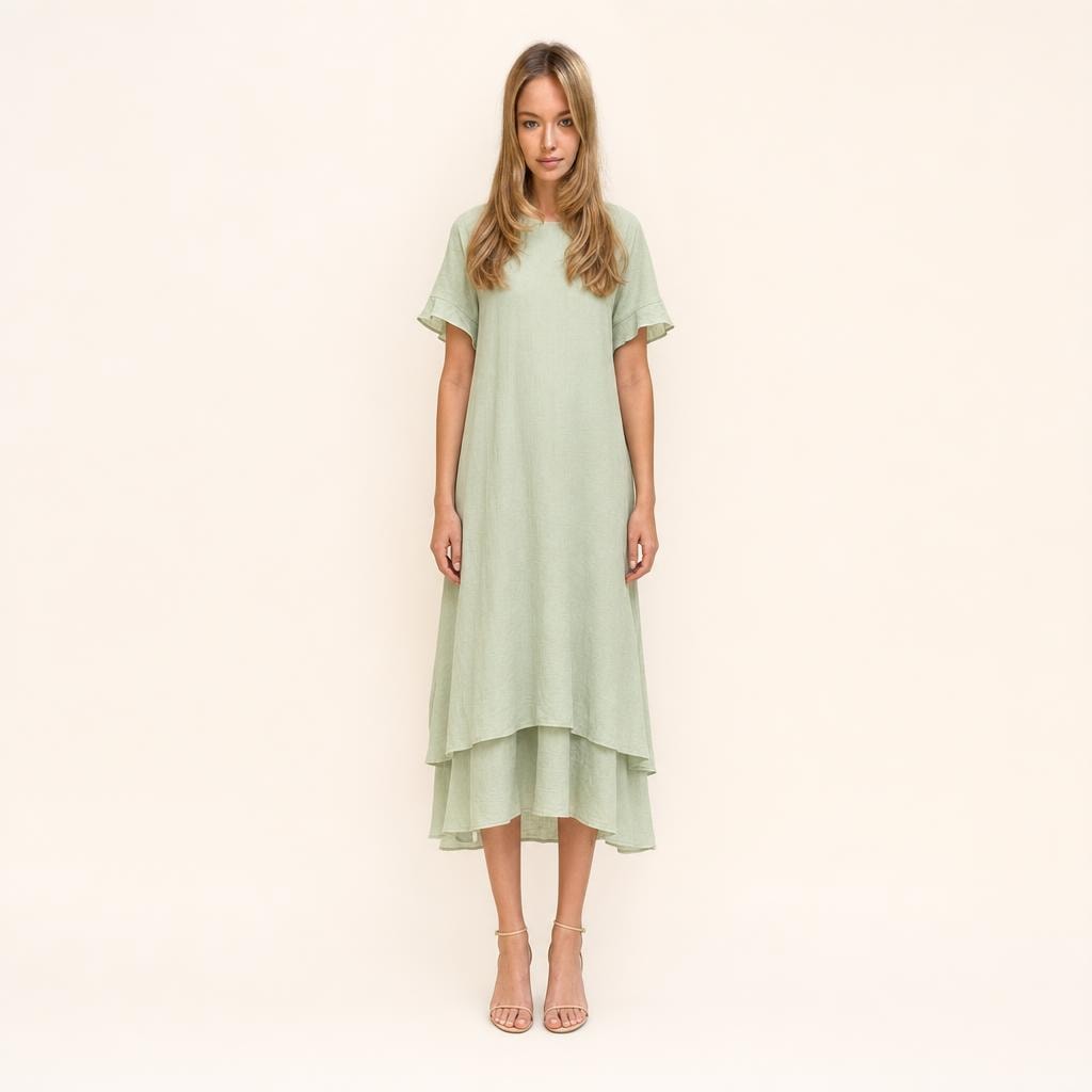Women's Double Layer Short Sleeve Dress in Green, front view