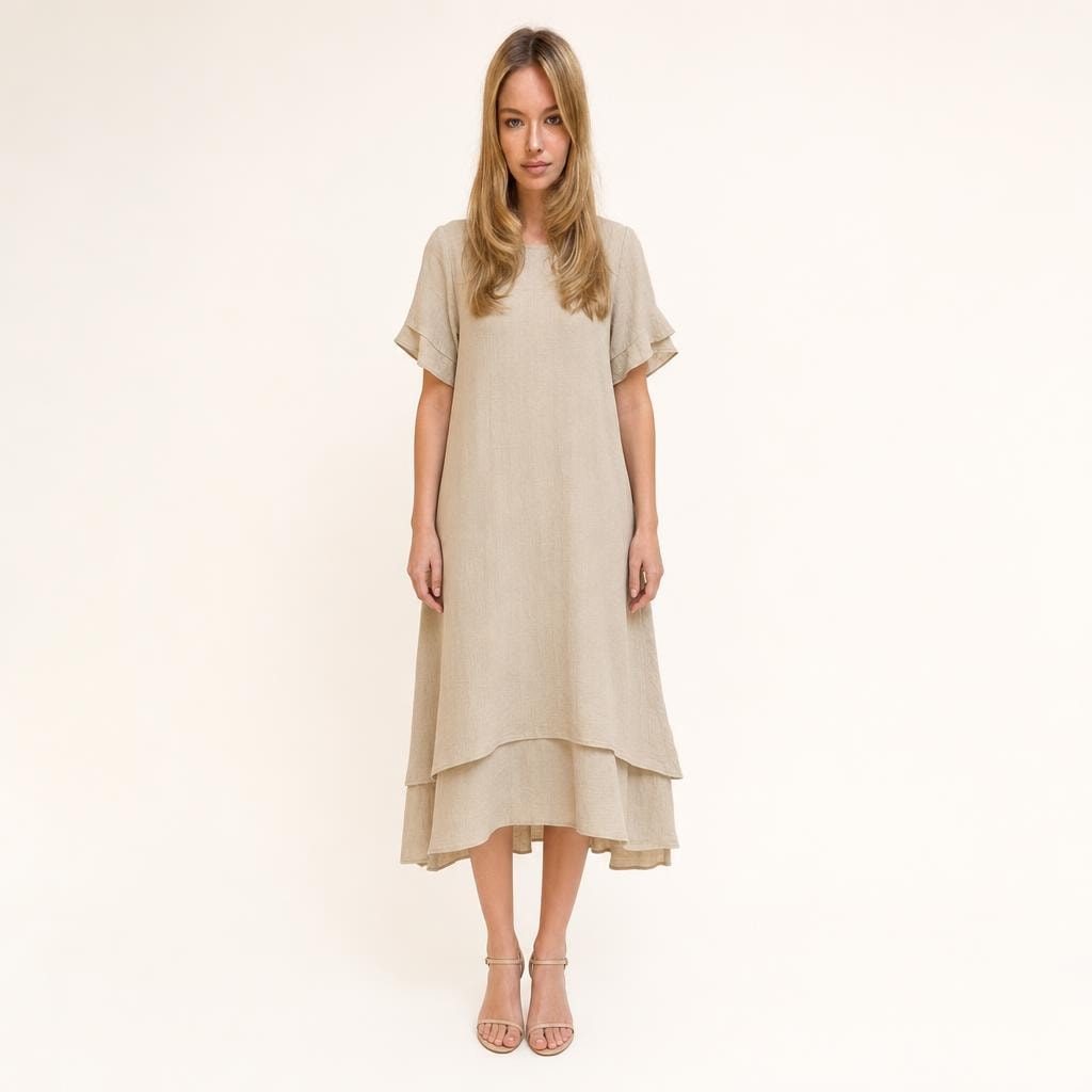 Women's Double Layer Short Sleeve Dress in Khaki, front view