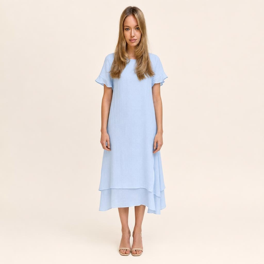 Women's Double Layer Short Sleeve Dress in Light Blue, front view