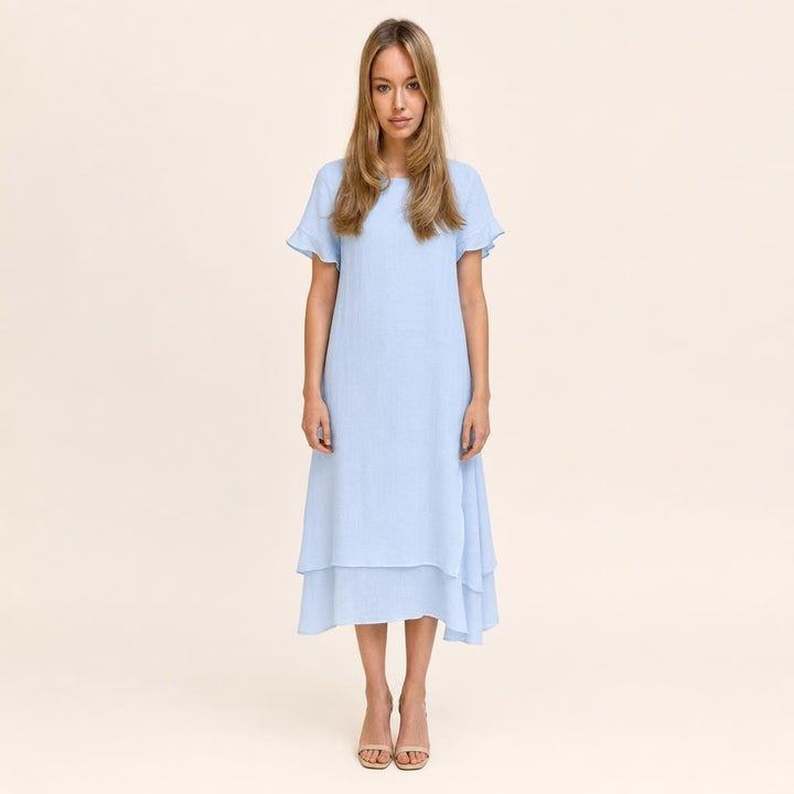 Women's Double Layer Short Sleeve Dress in Light Blue, front view