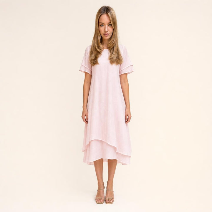 Women's Double Layer Short Sleeve Dress in Pink, front view